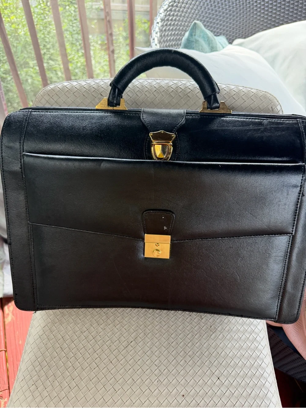 Men's Black Leather Briefcase with Gold Hardware - Classic Professional Style